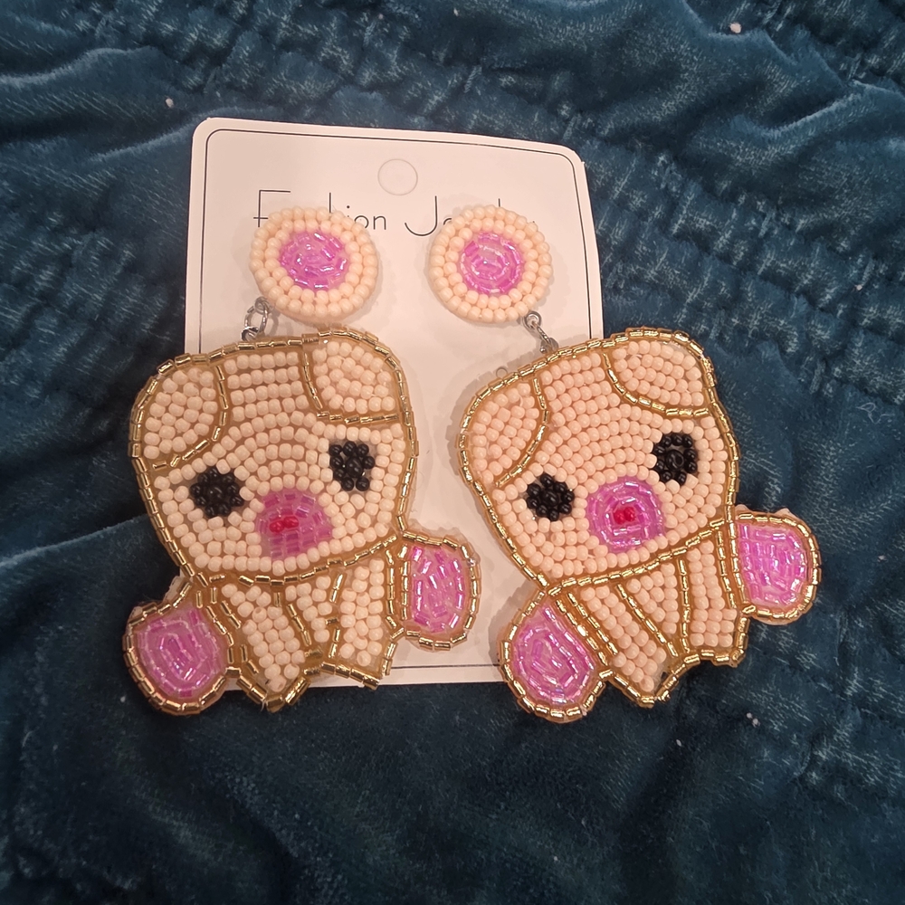 Beaded PIGGIES Earrings with Pink and Gold Accents